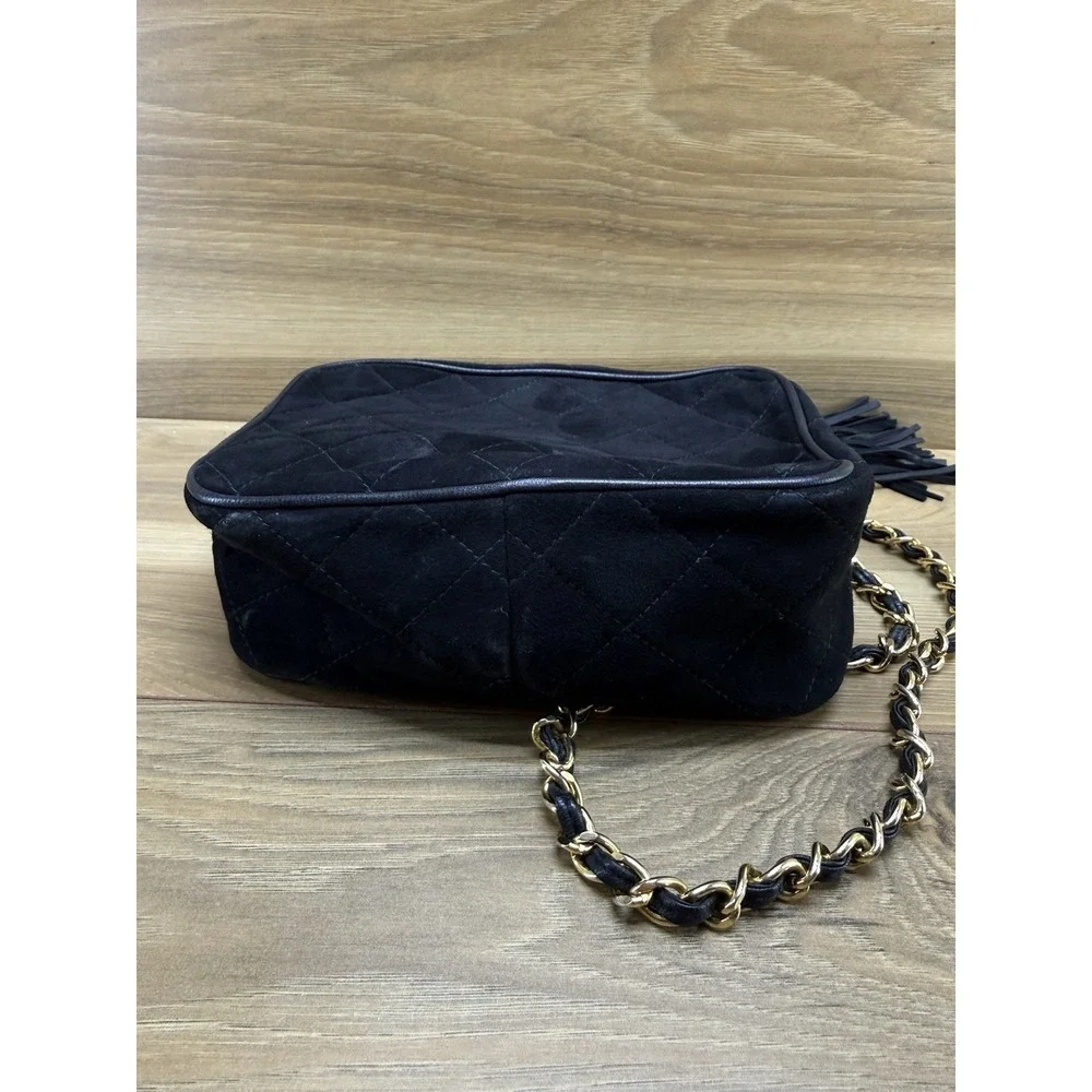 CHANEL Vintage 90s Quilted Suede Small Camera Bag Black Suede Zipper Tassel
